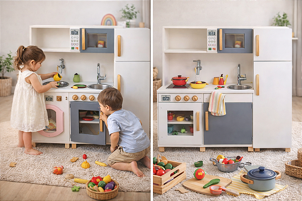 Cozinha Infantil Completa com Geladeira em Madeira – Brinquedo Educativo Realista