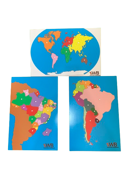 Kit Mapa Planisfério, América do Sul, Brasil  Montessori