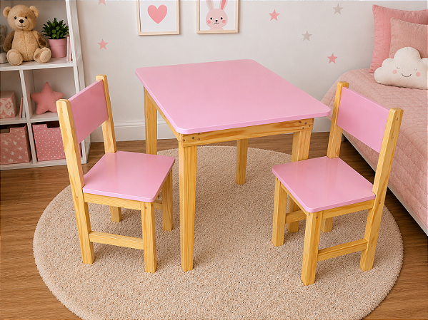 Mesa Infantil com 2 Cadeiras em Madeira Pinus – Aprendizado, Autonomia e Desenvolvimento Infantil