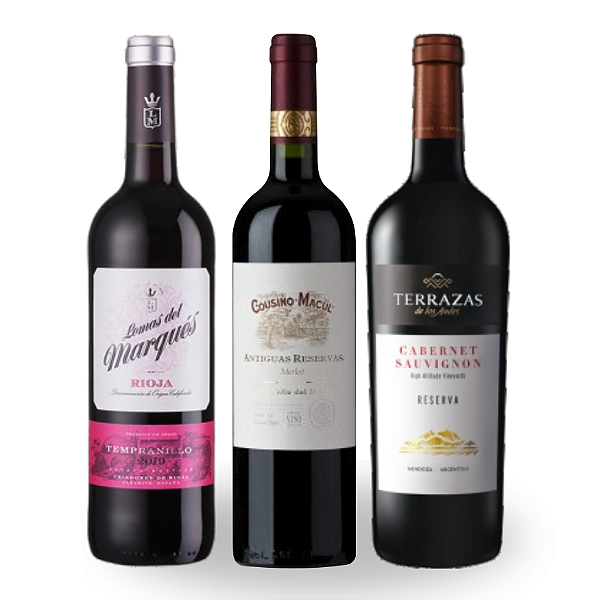 KIT SABOR & BRASA - Cousiño Macul Antiguas Reservas Merlot, Terrazas Reserva Cabernet Sauvignon, Lomas Del Marques Tempranillo