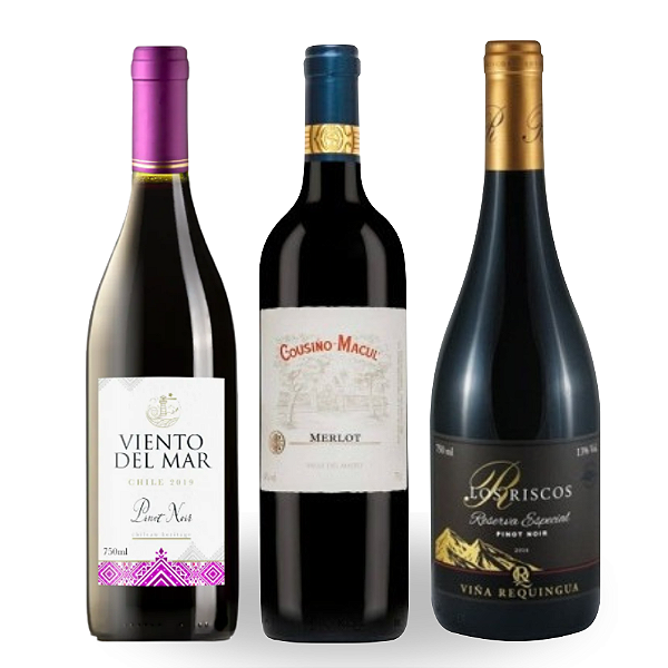 KIT TINTOS SUAVES - Viento del Mar Pinot Noir, Los Riscos Reserva Pinot Noir, Cousino Macul Don Luis Merlot