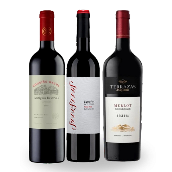 KIT PARA JANTAR - Sem Fim DOC Tinto, Terrazas Reserva Merlot, Cousino Macul Antiguas Reserva Carmenere