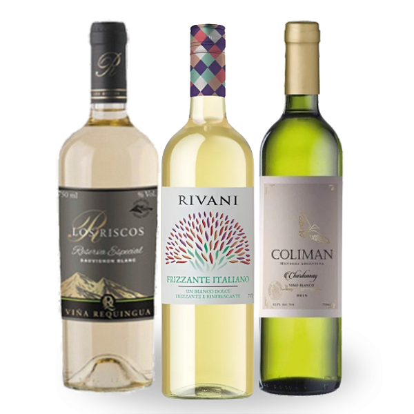 KIT BRANCOS REFRESCANTES - Frizzante Rivani Branco, Los Riscos Reserva Sauvignon Blanc, Coliman Chardonnay