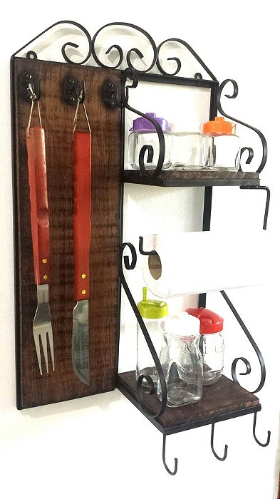 Porta Temperos e Talheres para Churrasqueira ou Cozinha, Rústico em Ferro e Madeira .