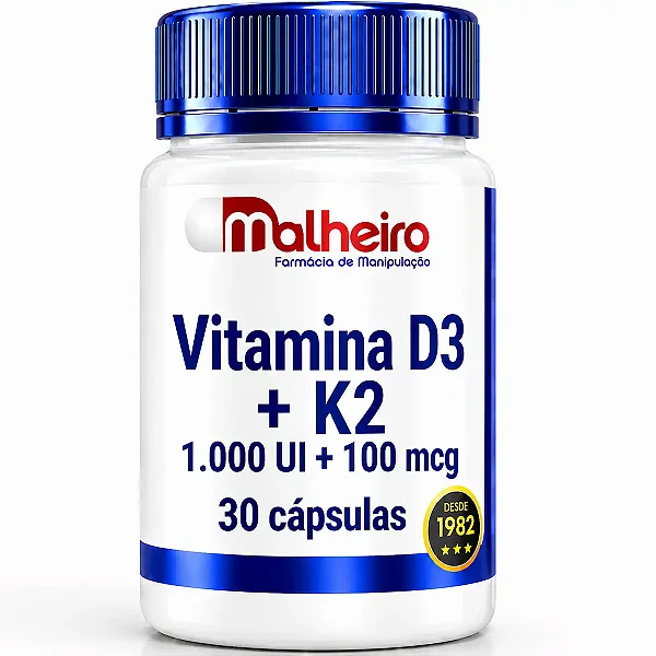 Vitamina D3 1.000 UI + Vitamina K2MK7 100 mcg 30 cápsulas – Suporte Diário à Saúde Óssea