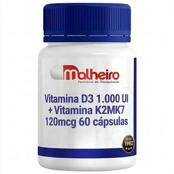 Vitamina D3 1.000 UI + Vitamina K2MK7 120 mcg 60 cápsulas - Farmácia Malheiro