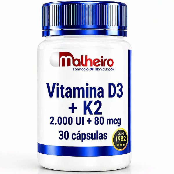 Vitamina D3 2.000 UI + Vitamina K2MK7 80 mcg 30 cápsulas - Saúde Óssea