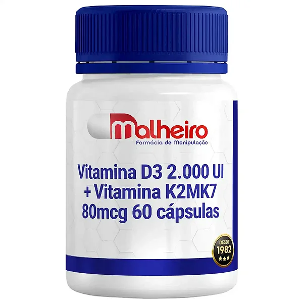 Vitamina D3 2.000 UI + Vitamina K2MK7 80 mcg 60 cápsulas - Saúde Óssea
