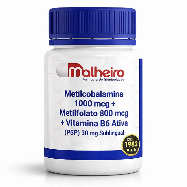 Metilcobalamina 1000 mcg + Metilfolato 800 mcg + Vitamina B6 Ativa (P5P) 30 mg Sublingual – Complexo B Funcional