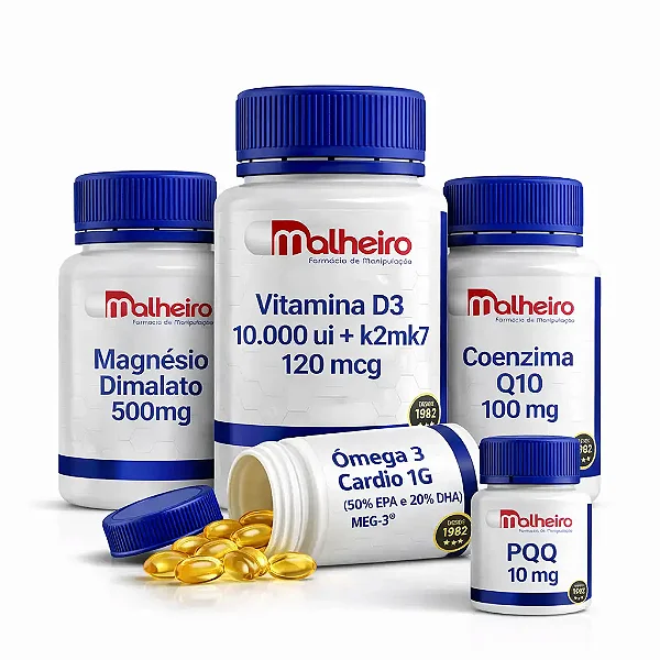 Kit Longevidade 40+ Premium – CoQ10, PQQ, Ômega 3, Vitamina D3 + K2 e Magnésio | Farmácia Malheiro