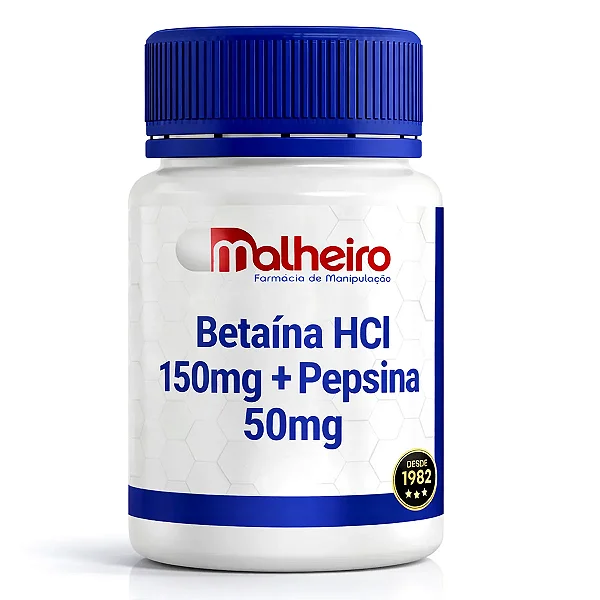 Betaína HCl 150 mg + Pepsina 50 mg – Suporte à Digestão Gástrica
