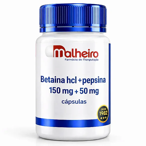 Betaína HCl 150 mg + Pepsina 50 mg – Suporte à Digestão Gástrica