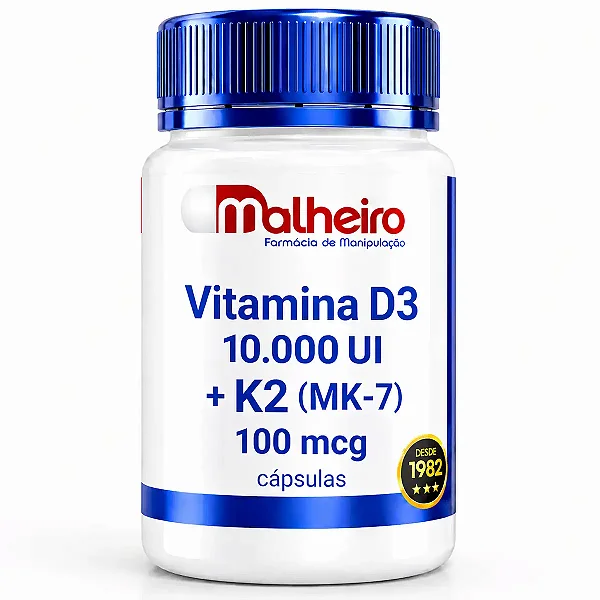 Vitamina D3 10.000 UI + K2 MK7 100mcg – Saúde dos Ossos e Coração