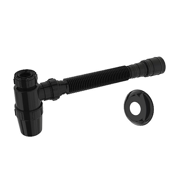 Sifão Copo Cromado Extensivo Flexível Lavatório Preto Blukit