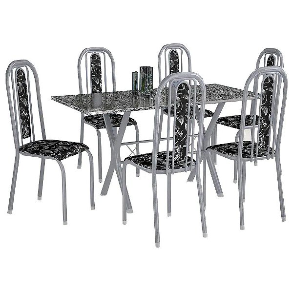 CONJ. MESA FABONE ATHENAS 1.50 C/ 6 CAD. GRANADA 7924 Branco Prata/PTO Floral