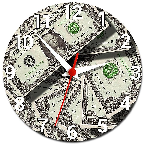 Relógio de Parede Estampa de Dólar Americano - Relógio de Dólar Decorativo