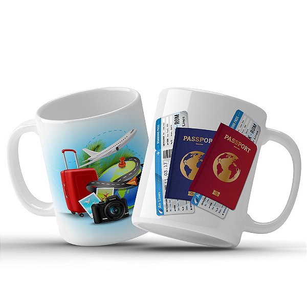 Caneca Personalizada Decoração de Viagem Passaporte Avião