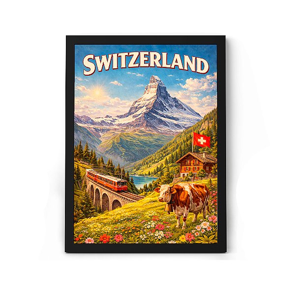 Quadro Decorativo Ponto Turístico Da Suíça Para Sala ou Quarto Com Moldura