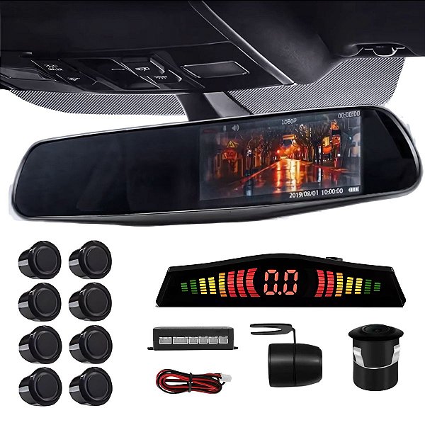 Retrovisor Com Câmera De Ré E Sensor 8 Pontos Frontal E Traseiro Preto