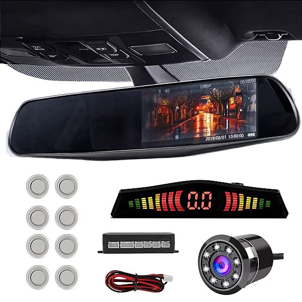 Retrovisor Com Câmera De Ré E Sensor 8 Pontos Frontal E Traseiro Prata