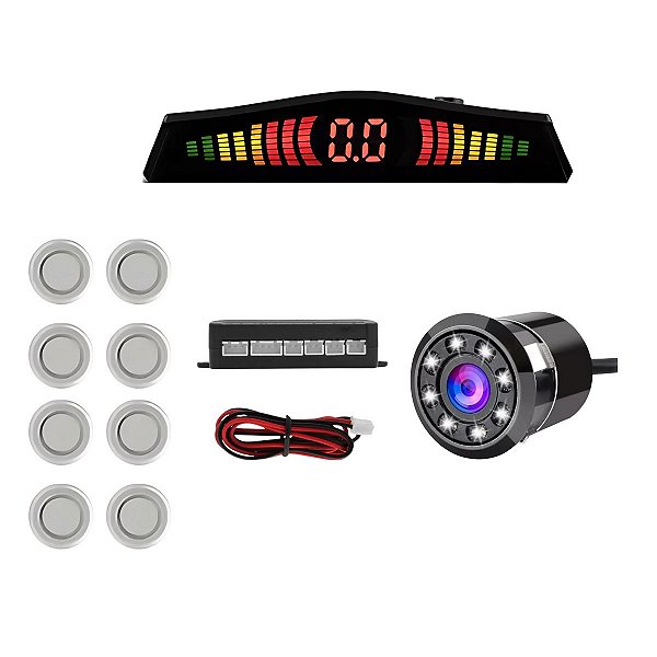Câmera De Ré Infravermelho + Sensor 8 Pontos Prata Universal