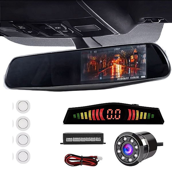 Retrovisor Com Função De Espelhamento + Câmera De Ré Infravermelho + Sensor 4 Pontos Branco Universal