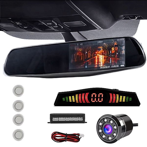 Retrovisor Com Função De Espelhamento + Câmera De Ré Infravermelho + Sensor 4 Pontos Prata Universal