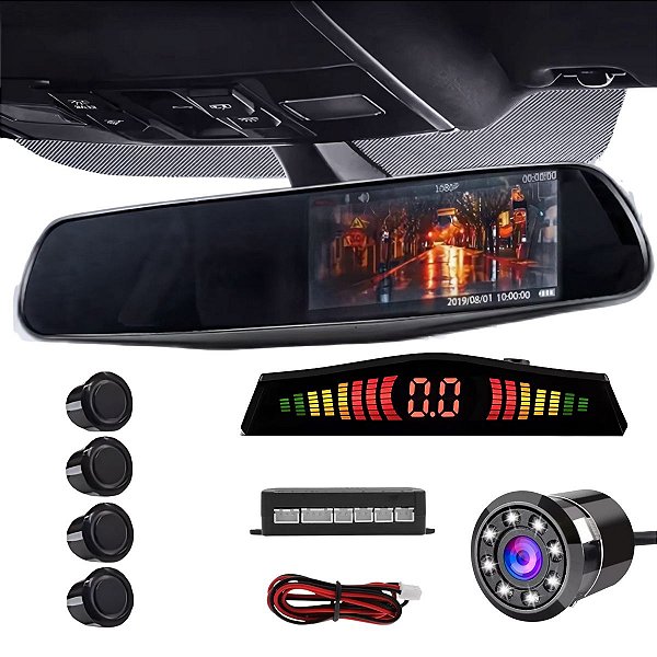 Retrovisor Com Função De Espelhamento + Câmera De Ré Infravermelho + Sensor 4 Pontos Preto Universal