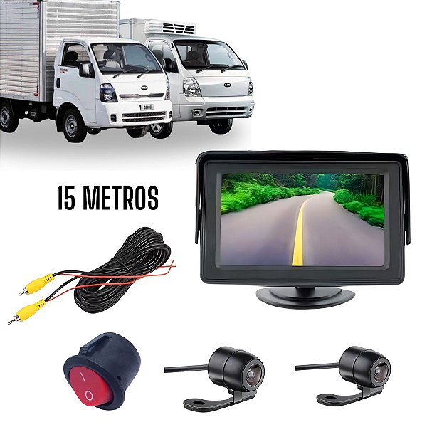 Monitor 4.3 Câmera Traseira Cabo 15m Câmera Dianteira Botão Liga E Desliga