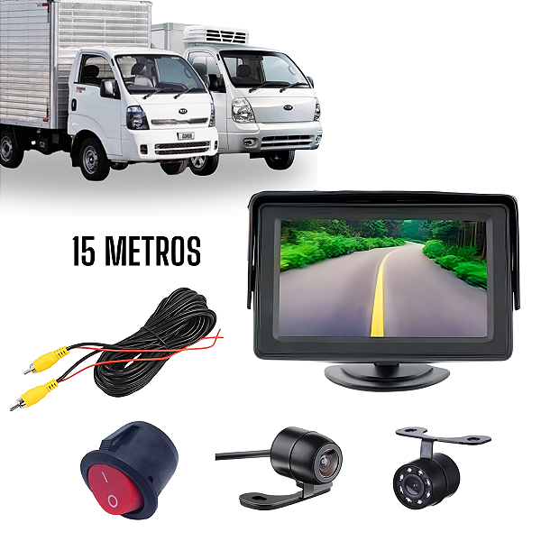 Display 4.3 Câmera Dianteira Cabo 15m Câmera Traseira Infravermelho Botão Interruptor