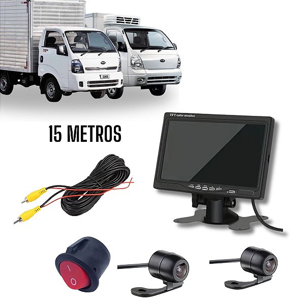 Monitor 7" Câmera Traseira Cabo 15m Câmera Dianteira Botão Liga E Desliga