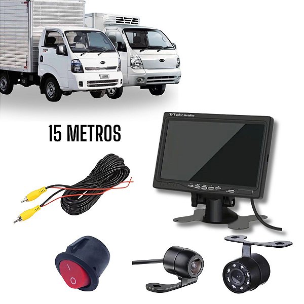 Display 7" Câmera Dianteira Cabo 15m Câmera Traseira Infravermelho Botão Interruptor