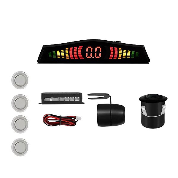 Câmera De Ré 2x1 Com Broca + Sensor 4 Pontos Prata