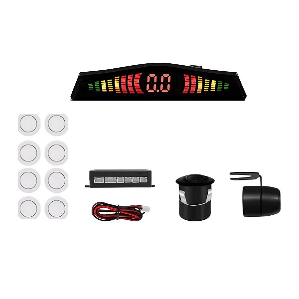 Câmera De Ré 2x1 Com Broca + Sensor 8 Pontos Branco