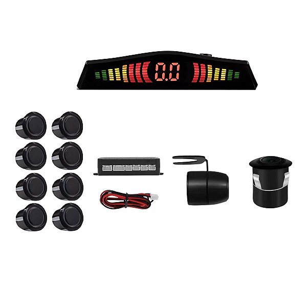 Câmera De Ré 2x1 Com Broca + Sensor 8 Pontos Preto