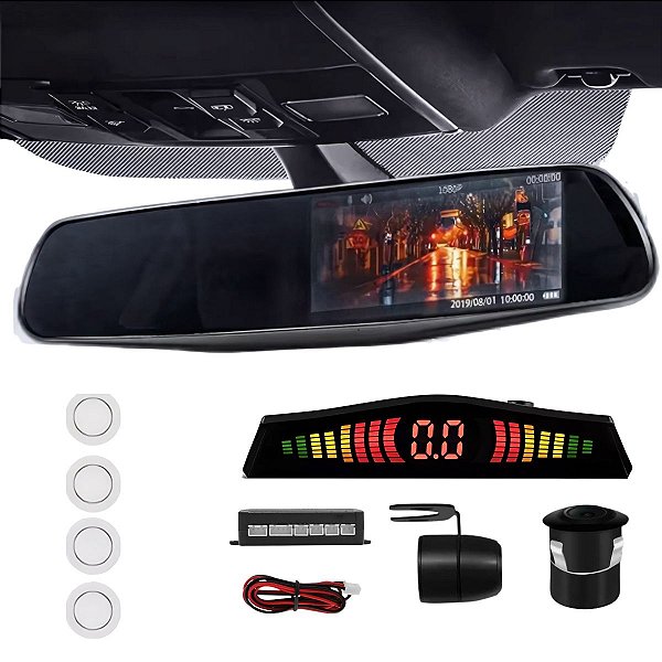 Retrovisor Câmera De RÉ 2x1 Com Broca + Sensor 4 Pontos Branco