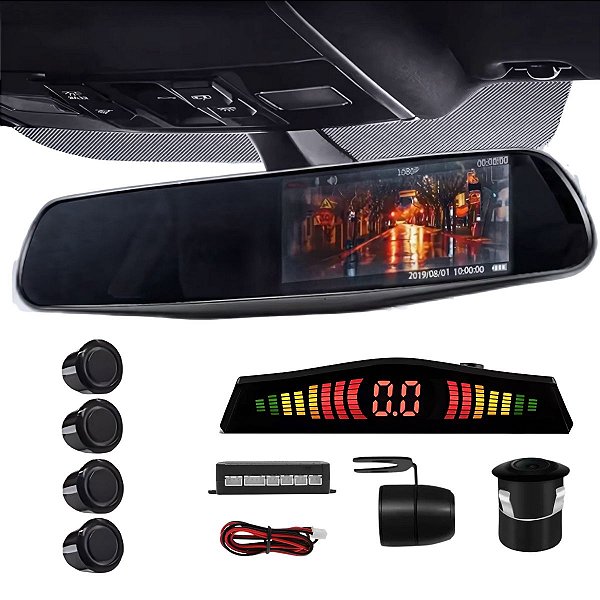 Retrovisor Câmera De RÉ 2x1 Com Broca + Sensor 4 Pontos Preto