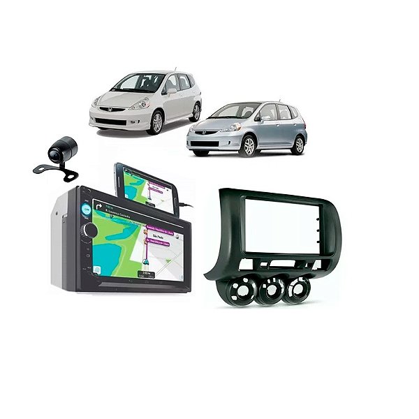 Central Kit Multimídia Som Radio Painel Grafite Câmera Ré Honda Fit G1 2004 Até 2008
