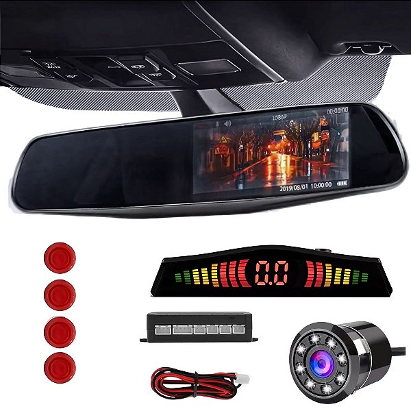 Retrovisor Com Função De Espelhamento + Câmera De Ré Infravermelho + Sensor 4 Pontos Vermelho Universal