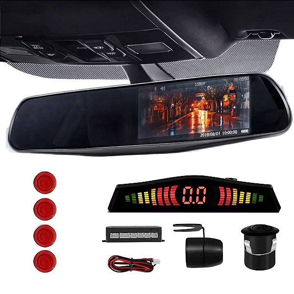 Retrovisor + Câmera De RÉ 2x1 Com Broca + Sensor 4 Pontos Vermelho