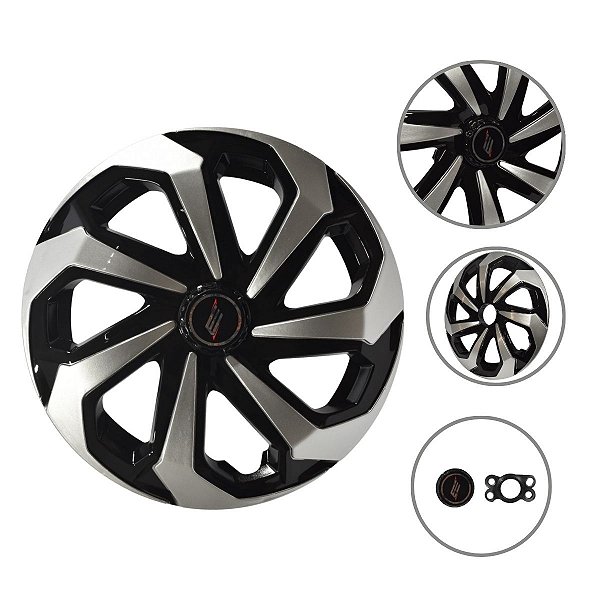 Kit 4 Calotas Spider  Aro 13 Black Silver Design Esportivo