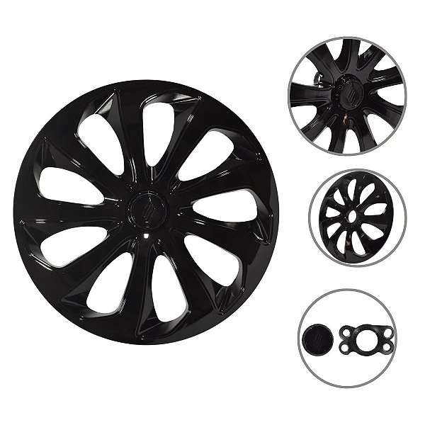 Kit 4 Calotas Esportivas Velox Aro 15 Preta Fixação Universal Para Rodas 4 E 5 Furos