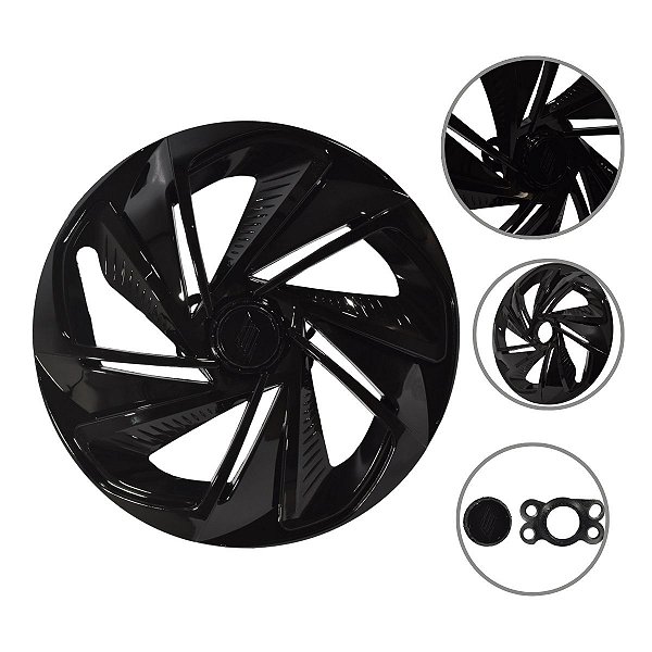 Kit 4 Calotas Esportivas Nitro Aro 14 Preta Fixação Universal Para Rodas 4 E 5 Furos