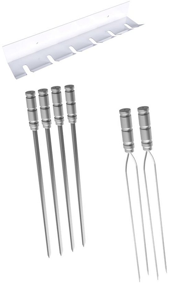Kit / Conj. suporte + 4 espetos simples + 2 espetos duplo cabo alumínio 70 cm de lâmina