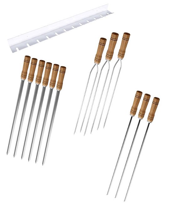 Kit / Conj. suporte + 6 espetos simples + 3 espetos duplo + 3 espetos p/coração cabo madeira 70 cm de lâmina