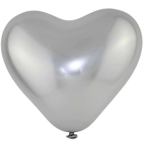 Bola Art Latex Cromado Coração Cor Prata Número 6 - 15cm Pacote Com 25 Unidades
