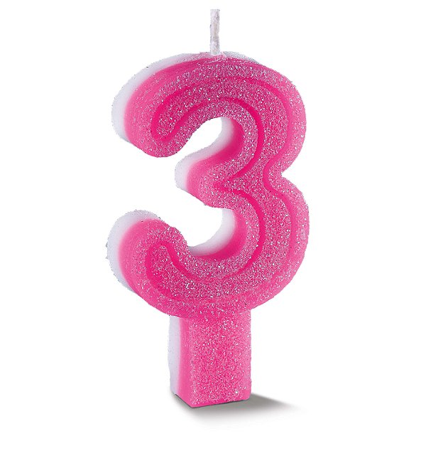 Vela de Aniversário Siba Número 3 Plus Cor Rosa com Glitter Unidade