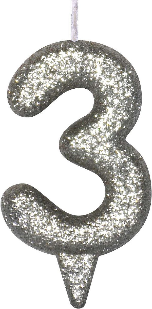 Vela de Aniversário Siba Número 3 Shine Cor Prata com Glitter Unidade