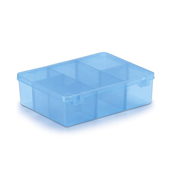 Caixa Plástica Com 6 Divisórias Cor Azul Transparente 12cm x 9,5cm x 3cm Unidade