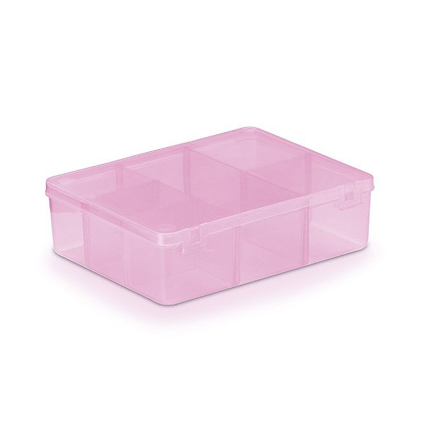 Caixa Plástica Com 6 Divisórias Cor Rosa Transparente 12cm x 9,5cm x 3cm Unidade